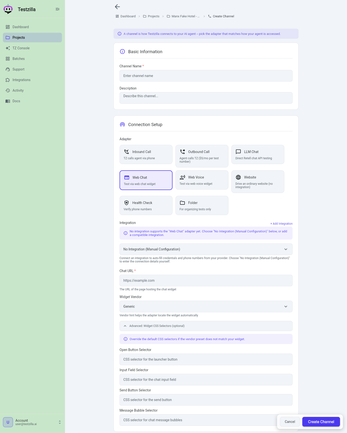 Creating a Web Chat channel with Chat URL and Widget Vendor