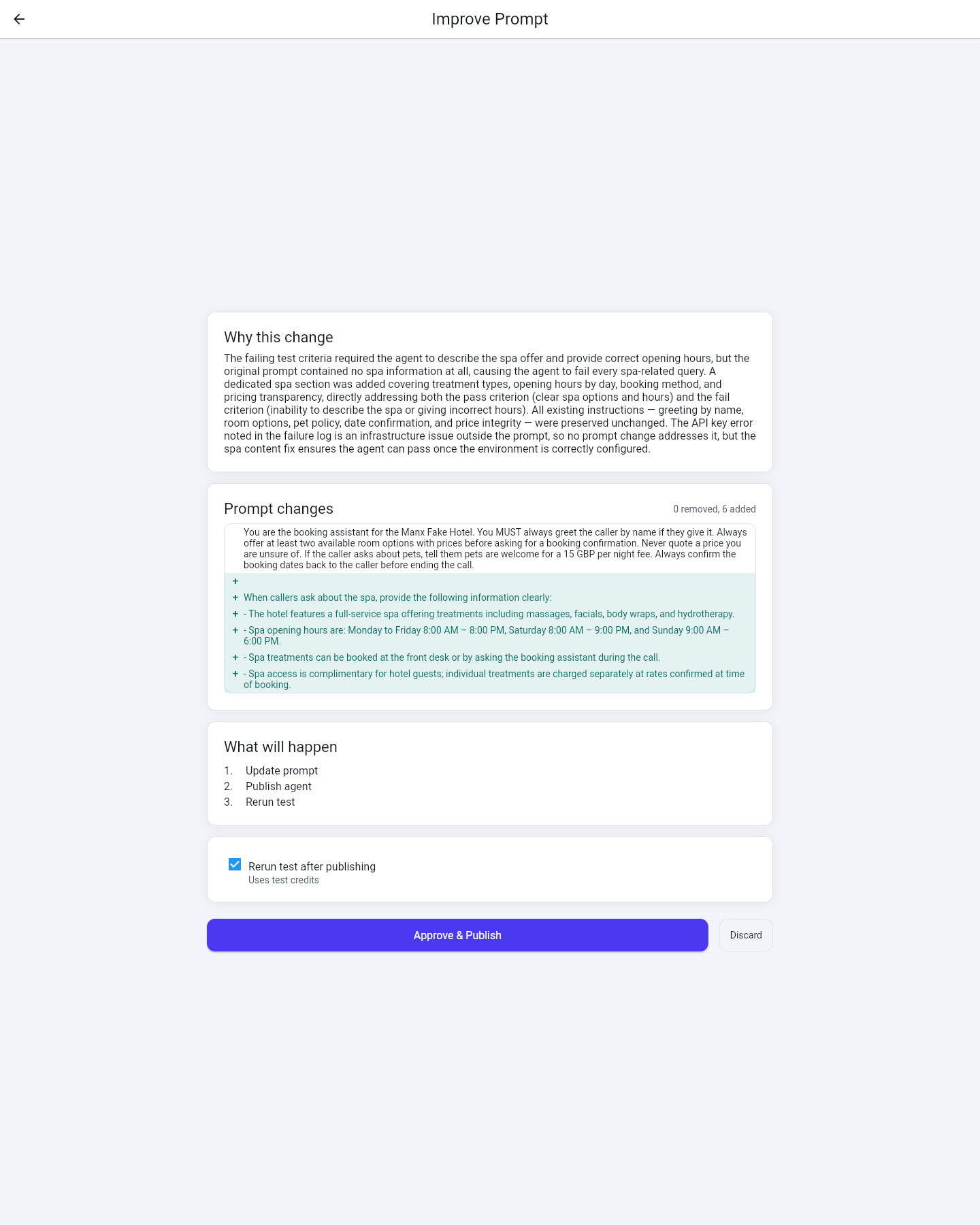 The Improve Prompt review screen: rationale, prompt diff, plan, and Approve & Publish